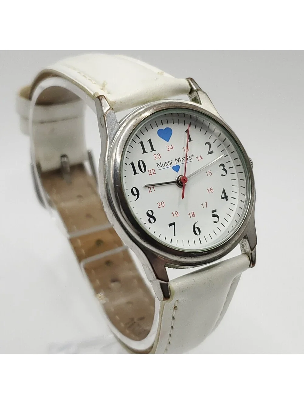 Nurse Mates White 24hr Dial 31mm Quartz Womens White Leather Band New Battery